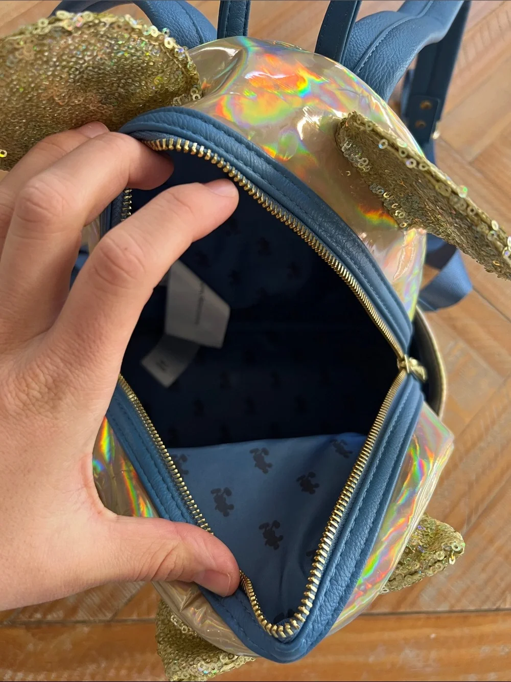 Loungefly Gold Sequin Minnie Ears Holographic Kids Mini Backpack with Navy Trim